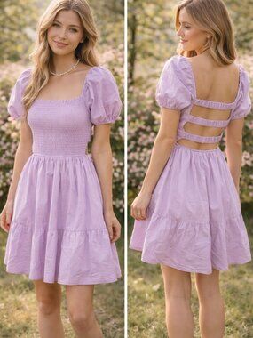 Jolie & Joy Milkmaid Dress Size S Lilac Coquette Puff Sleeve Cotton Strappy Back